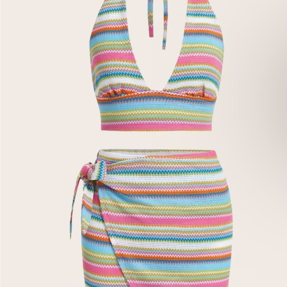 Multicolor striped patter halter top and wrap skirt set